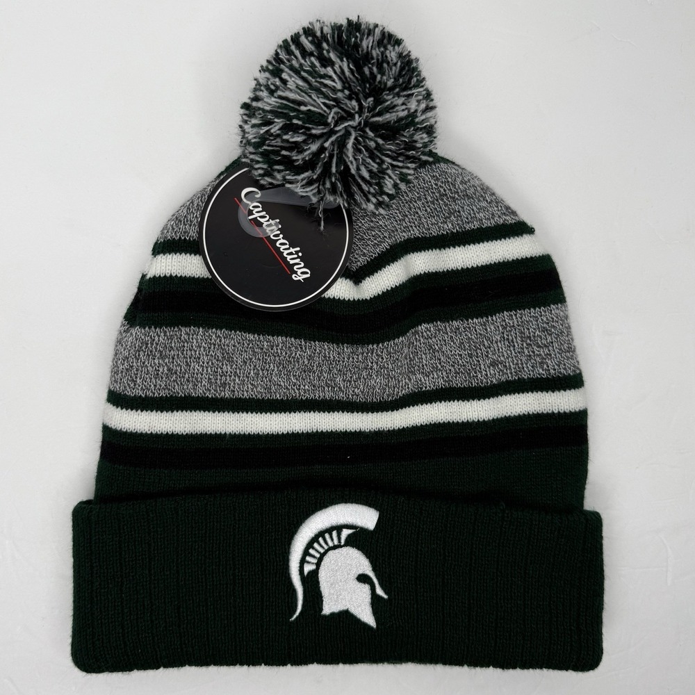 Michigan State Spartans Adult Green Pom Knit Beanie Hat Toque Captivating NEW